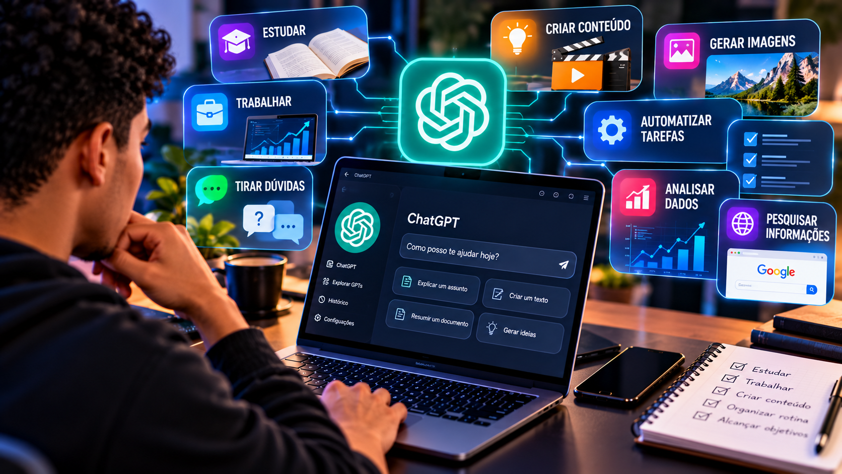 Pessoa utilizando inteligência artificial em um computador, com interfaces digitais que representam aplicações da tecnologia no cotidiano.
