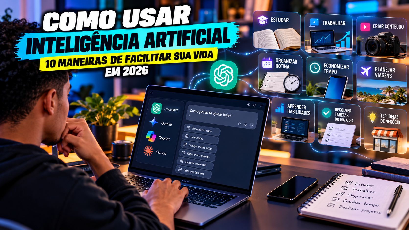 Pessoa utilizando inteligência artificial em um computador para estudar, trabalhar e organizar tarefas do dia a dia.