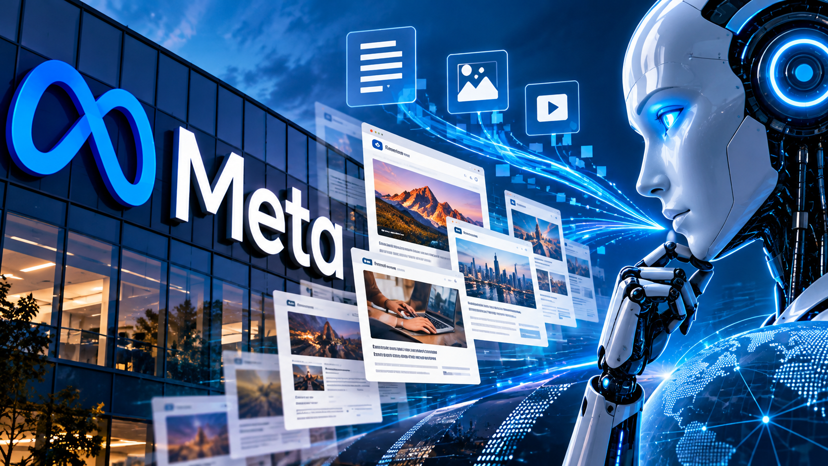 Meta e inteligência artificial em ilustração sobre conteúdo digital e rastreamento de sites.
