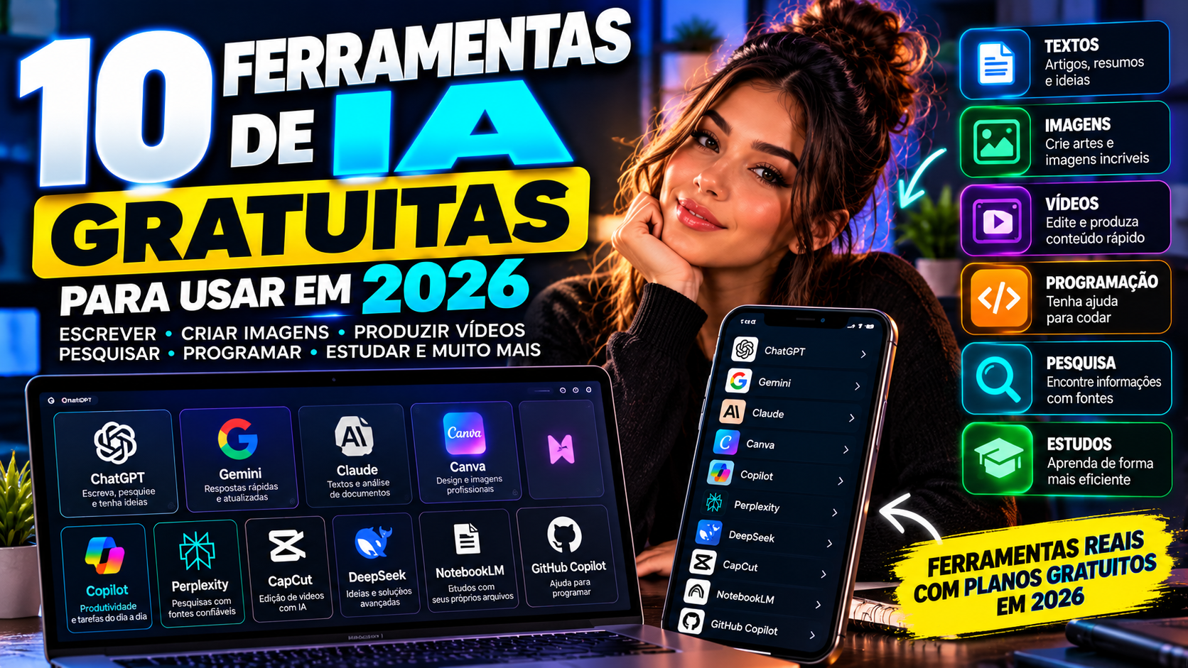 Dez ferramentas de inteligência artificial gratuitas para escrever, criar imagens, produzir vídeos, programar e pesquisar.