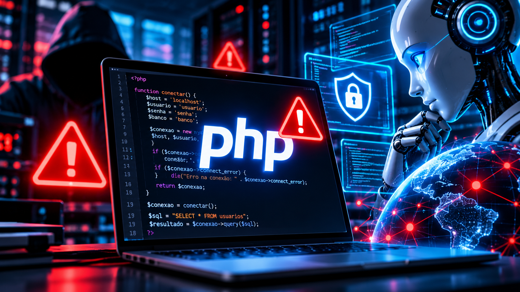 Computador com alertas de segurança digital e inteligência artificial analisando código de programação.