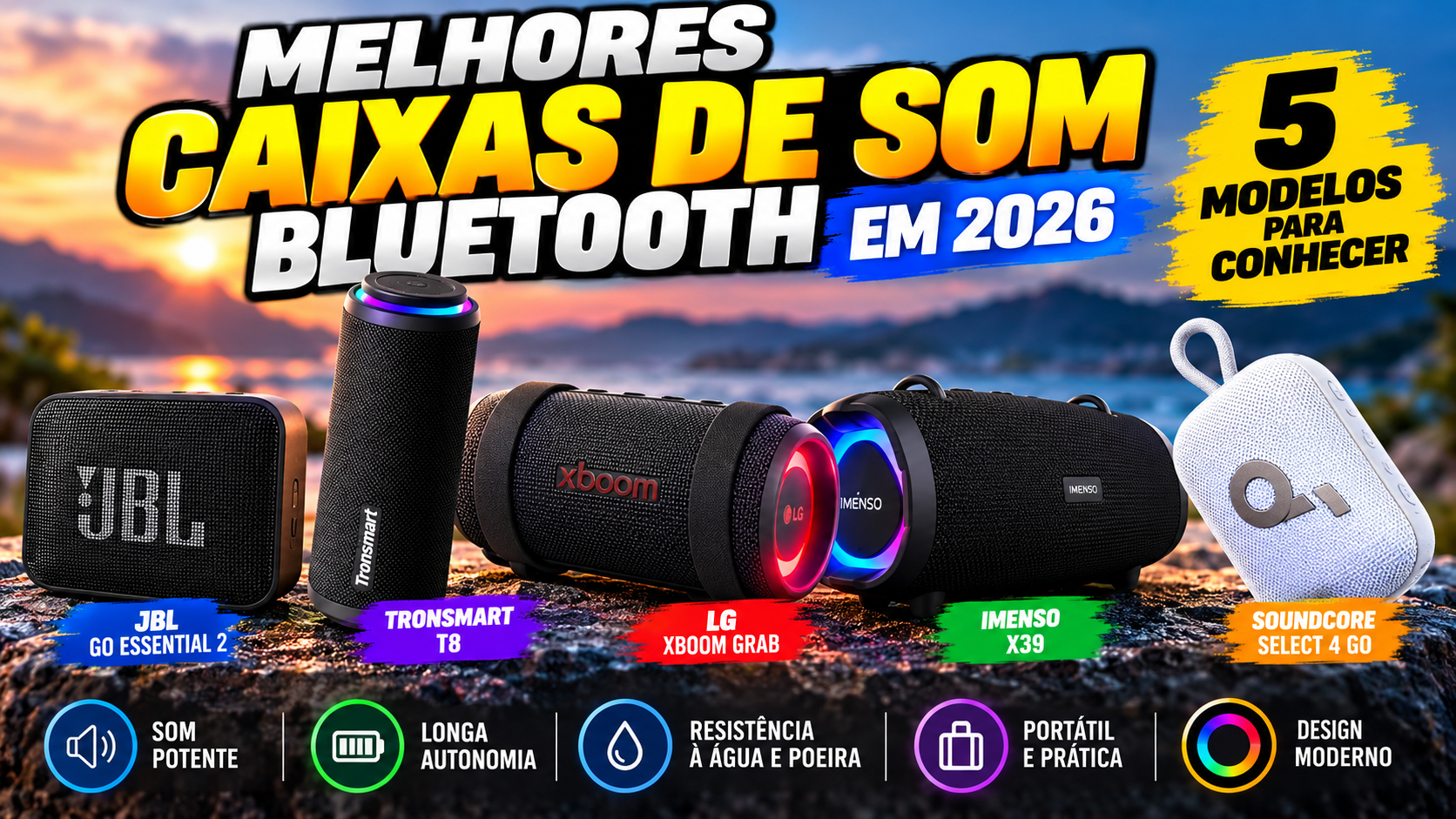 Comparativo de cinco caixas de som Bluetooth portáteis das marcas JBL, Tronsmart, LG, Imenso e Soundcore.
